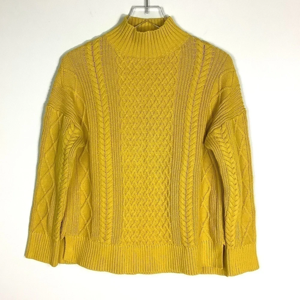 J. Crew Sweater S Chunky Cable Knit Mock Neck Mustard‎  Golden Chartreuse S